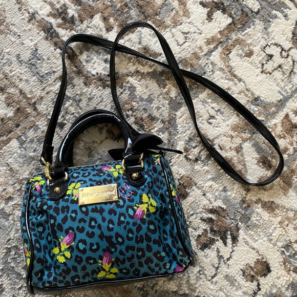 Betsey Johnson Mini Handle Bag Leopard Animal Print Floral Rose Pattern Teal - Picture 5 of 16